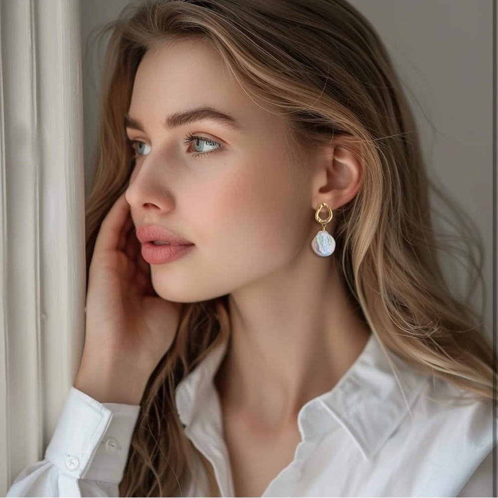 NWT Gold Hoop and White Pearl Drop Stud Earrings